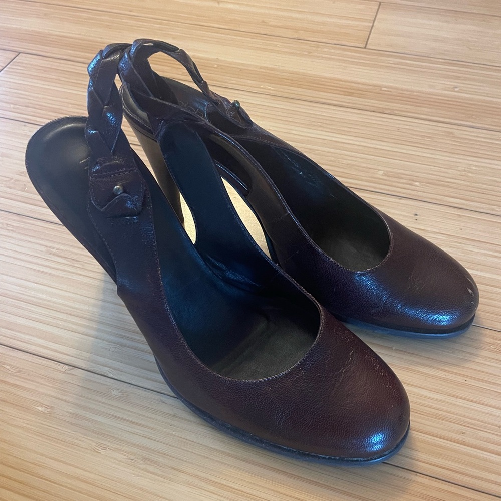 Michelle K Braided Slingback Heels in Dark Brown Leather